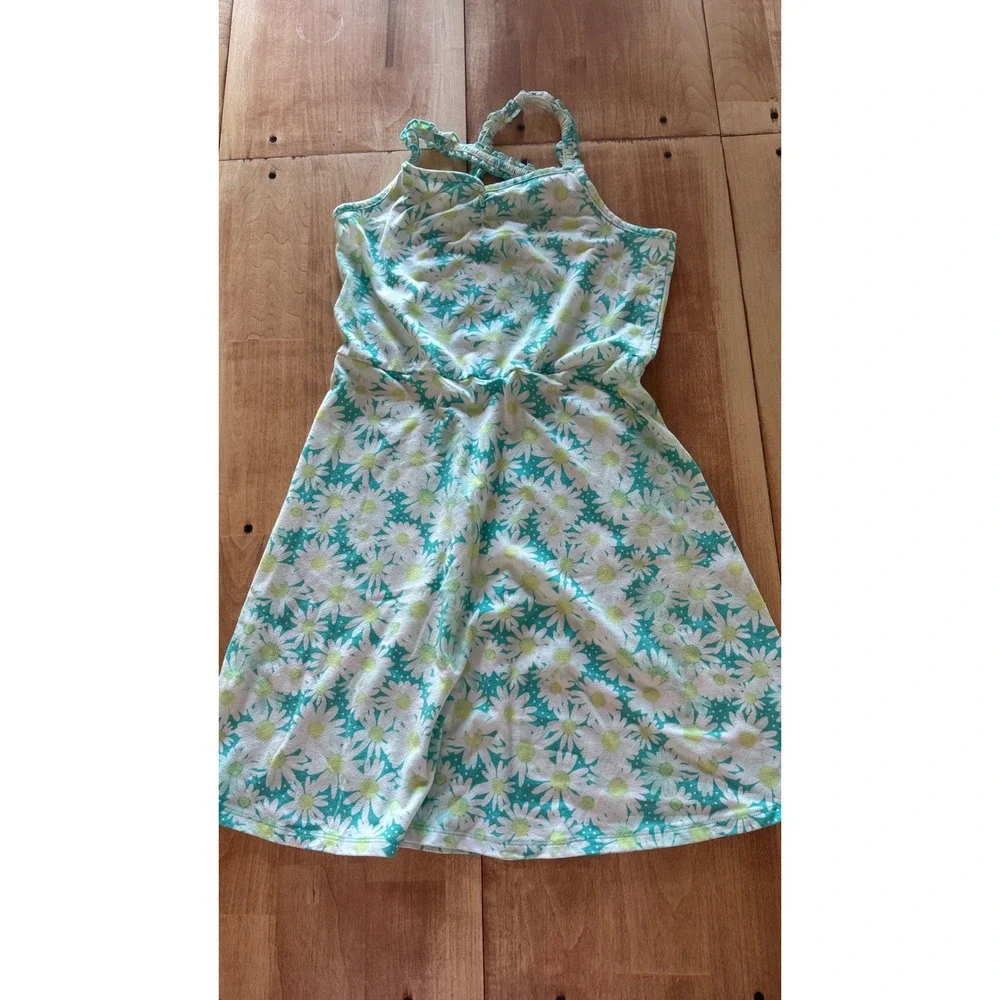SO Girls XL 14/16 Teal White Daisy Floral‎ Halter Ruffle Strap Sundress Cotton